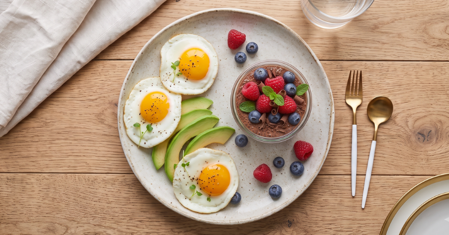 breakfast plate with eggs, avocado and chocolate chia pudding