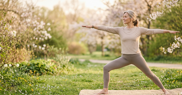 woman doing yoga outside in spring