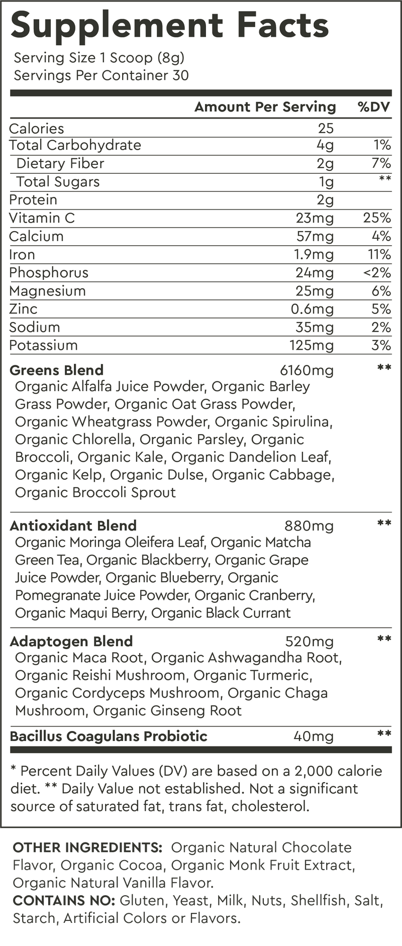 Supplement Facts for Chocolate